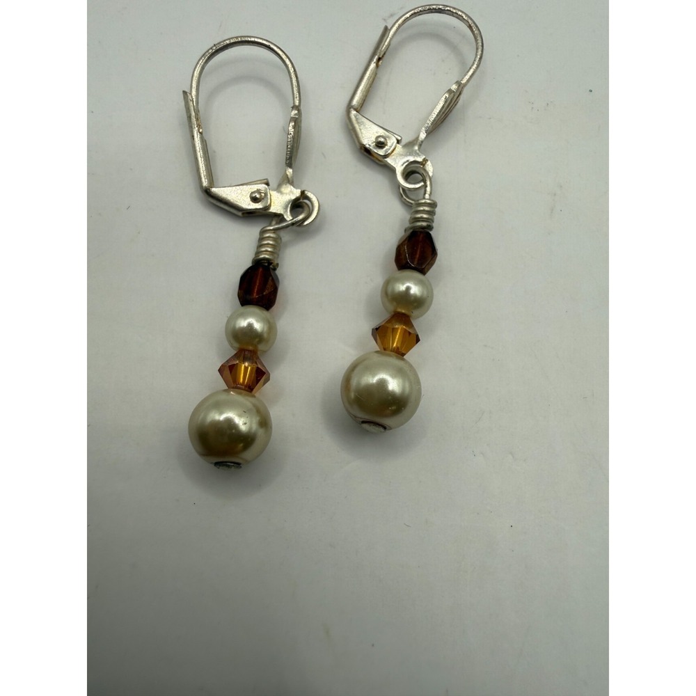 Silver Tone Faux Pearl Amber Crystal‎ Dangle Earrings Leverback Boho Fall